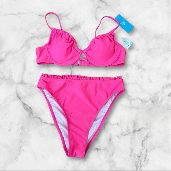 CUPSHE V-Neck 2 Piece High Waisted Swimsuit Pink M(8-10) NWT - Picture 6 of 7